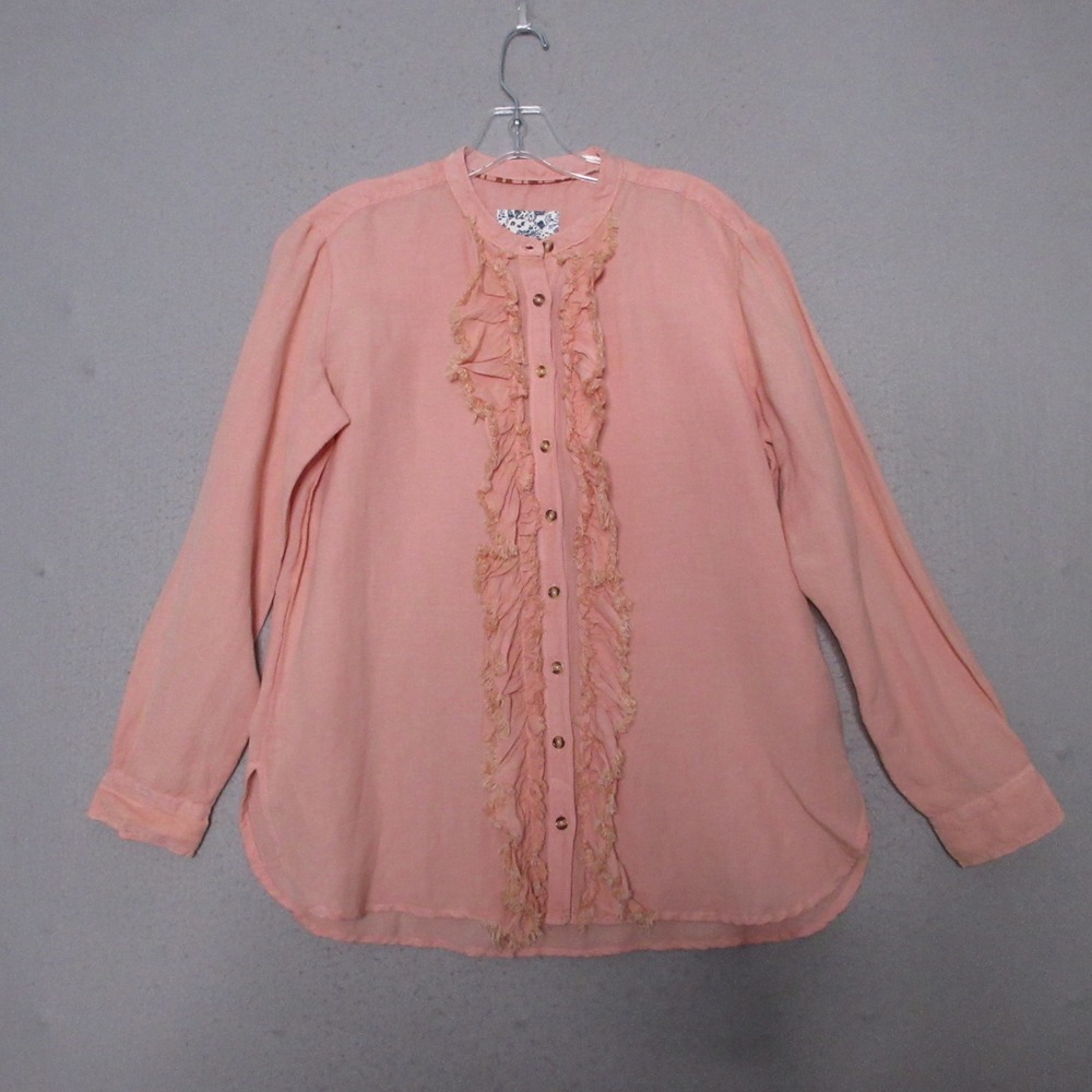 Pilcro Top‎ Pink Ruffle Linen Blend Placket Boho Feminine Romantic Victorian